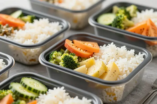 Multiple reusable meal prep containers filled with rice, broccoli, tomatoes, and other vegetables arranged on a gray