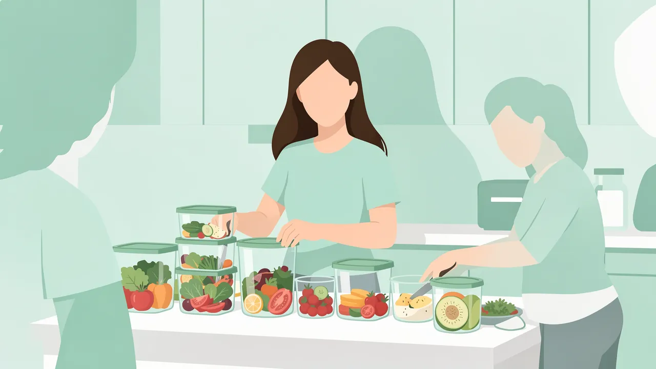 Faceless women arrange fresh produce in glass storage containers on a bright kitchen counter