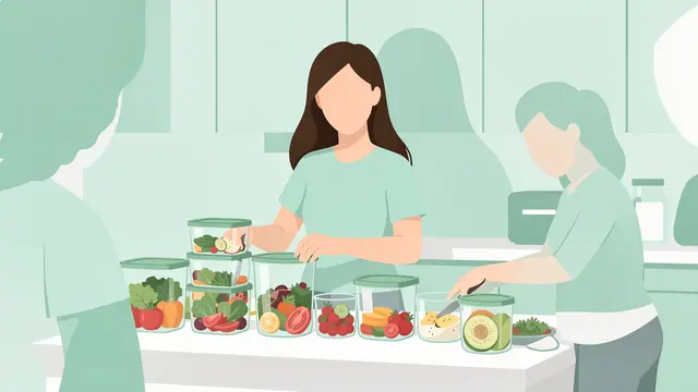 Faceless women arrange fresh produce in glass storage containers on a bright kitchen counter