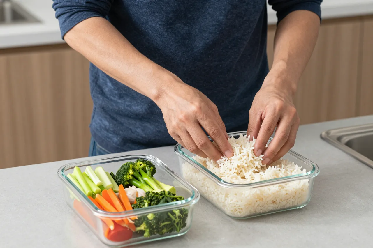 An adult man portions cooked rice into a glass meal prep container next to fresh cut vegetables on a kitchen counter.