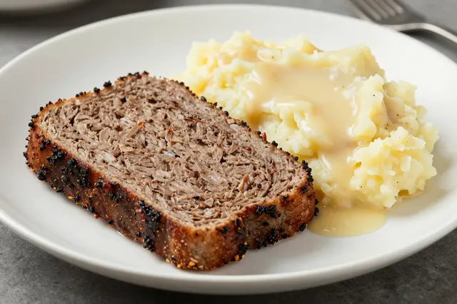 A plated serving of seasoned meatloaf next to buttery mashed potatoes topped with creamy gravy.