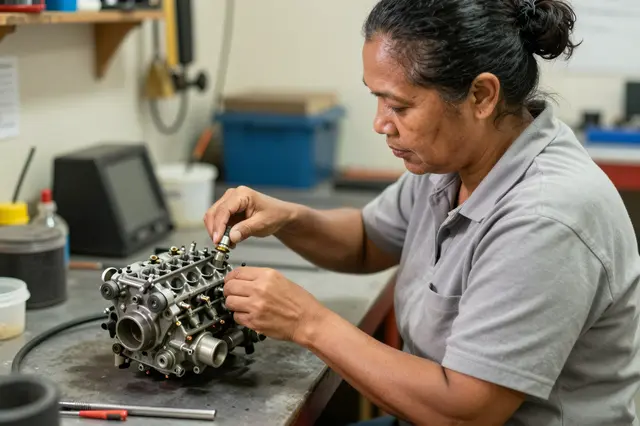 A Pacific Islander woman in her forties works on an engine component at a cluttered workshop workbench in side view