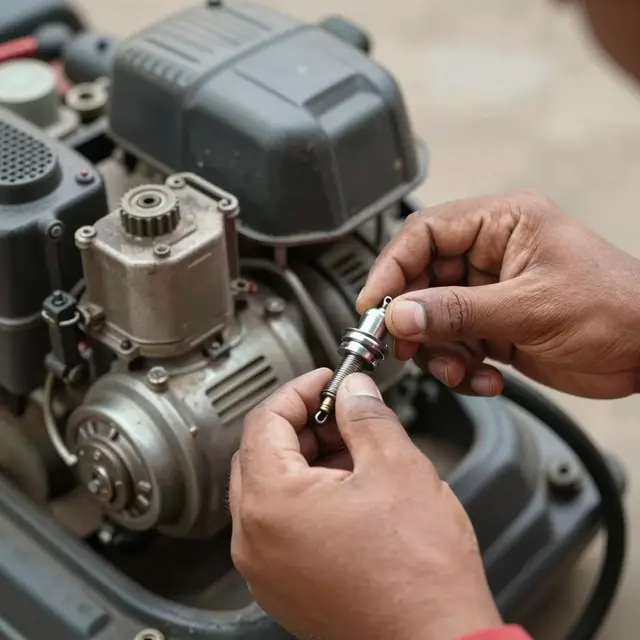 Close-up of a mechanic's hands holding a spark plug next to a small lawnmower engine