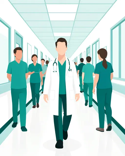 Faceless doctor and clinical staff walk through a bright teal and white hospital corridor