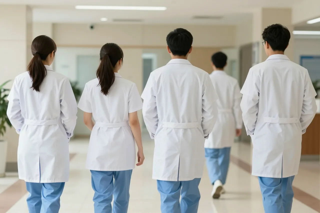 Group of medical staff viewed from behind walking through a bright modern hospital corridor
