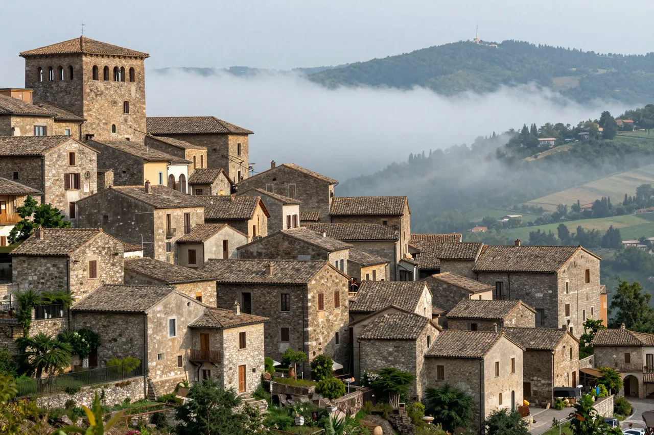 A stone medieval hill town overlooks a mist-shrouded valley in rural Italy