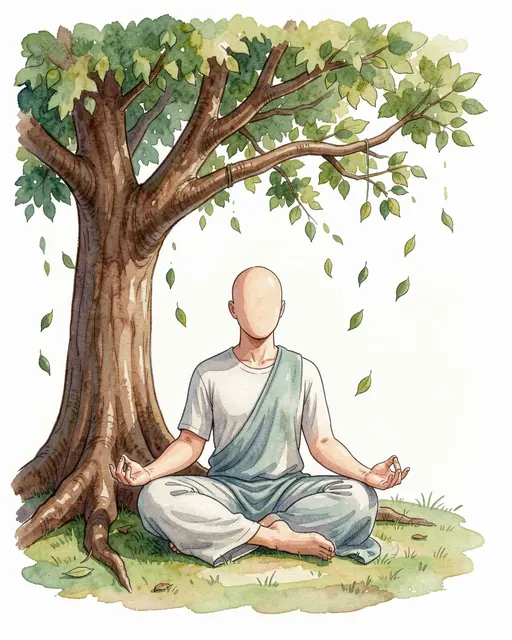 Faceless seated figure meditates in lotus pose beneath a tree as leaves drift down