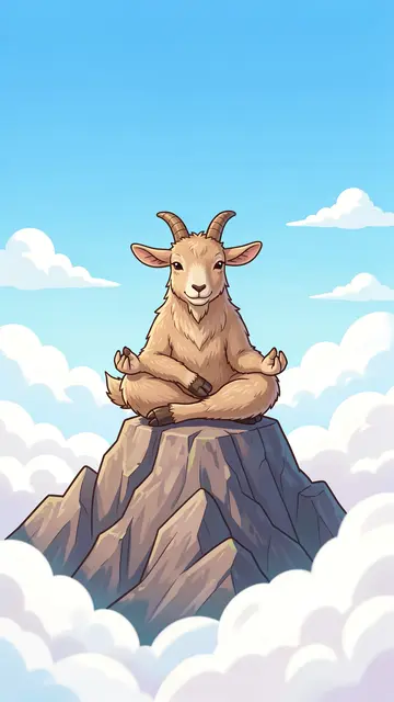 A cute cartoon goat sits in meditation pose on a rocky peak above fluffy clouds under a bright blue sky