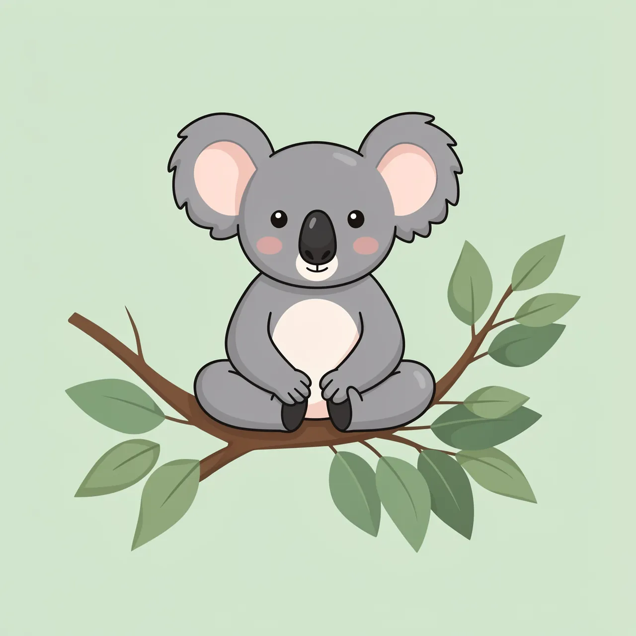 Cute cartoon koala sits cross-legged on a eucalyptus branch against a soft sage green background