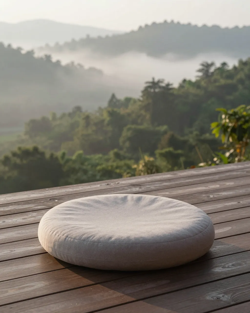 Round floor meditation cushion resting on a wooden deck overlooking a misty forest valley at dawn