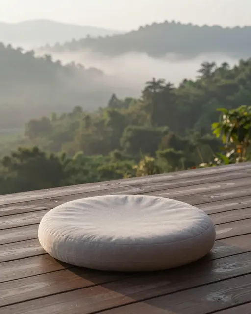 Round floor meditation cushion resting on a wooden deck overlooking a misty forest valley at dawn