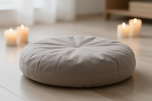 Round neutral meditation cushion sits on a wooden floor flanked by lit candles in a calm sunlit room