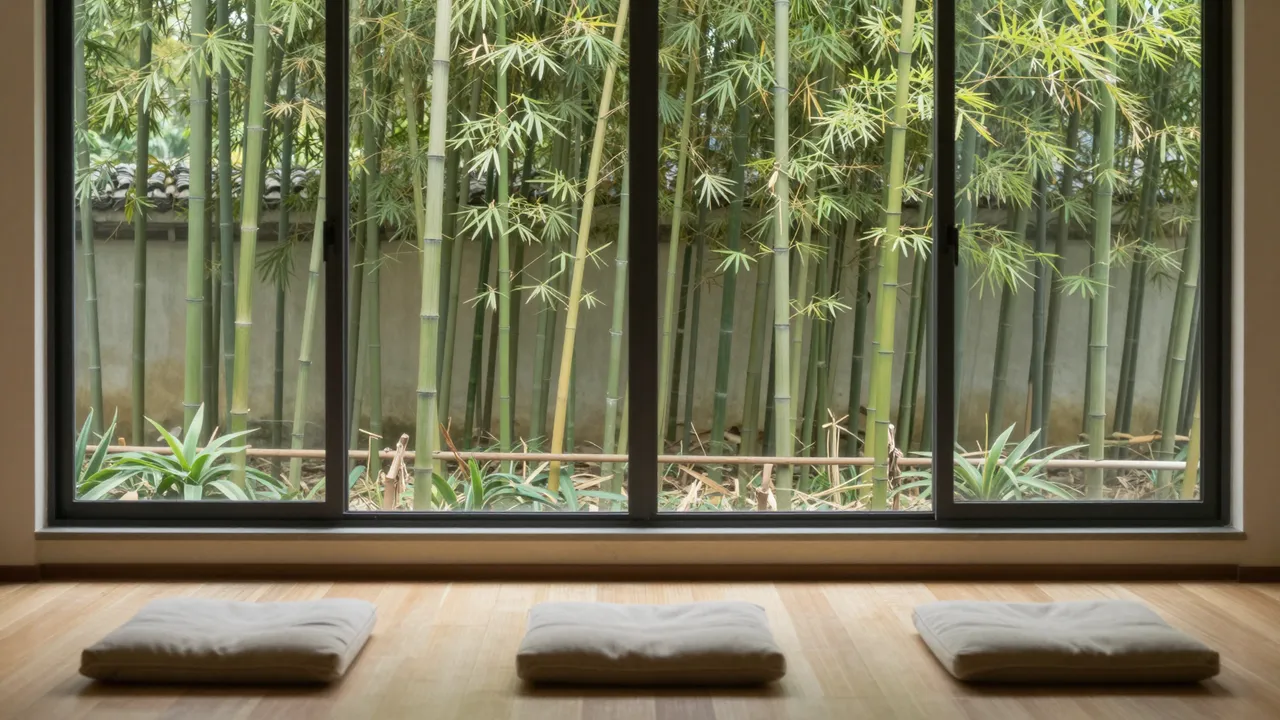 Three floor meditation cushions sit on wooden flooring in front of a large window overlooking a lush bamboo garden.