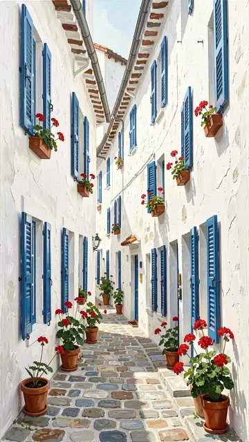 Sunlit narrow stone alley lined with whitewashed houses, blue shutters and potted red geraniums