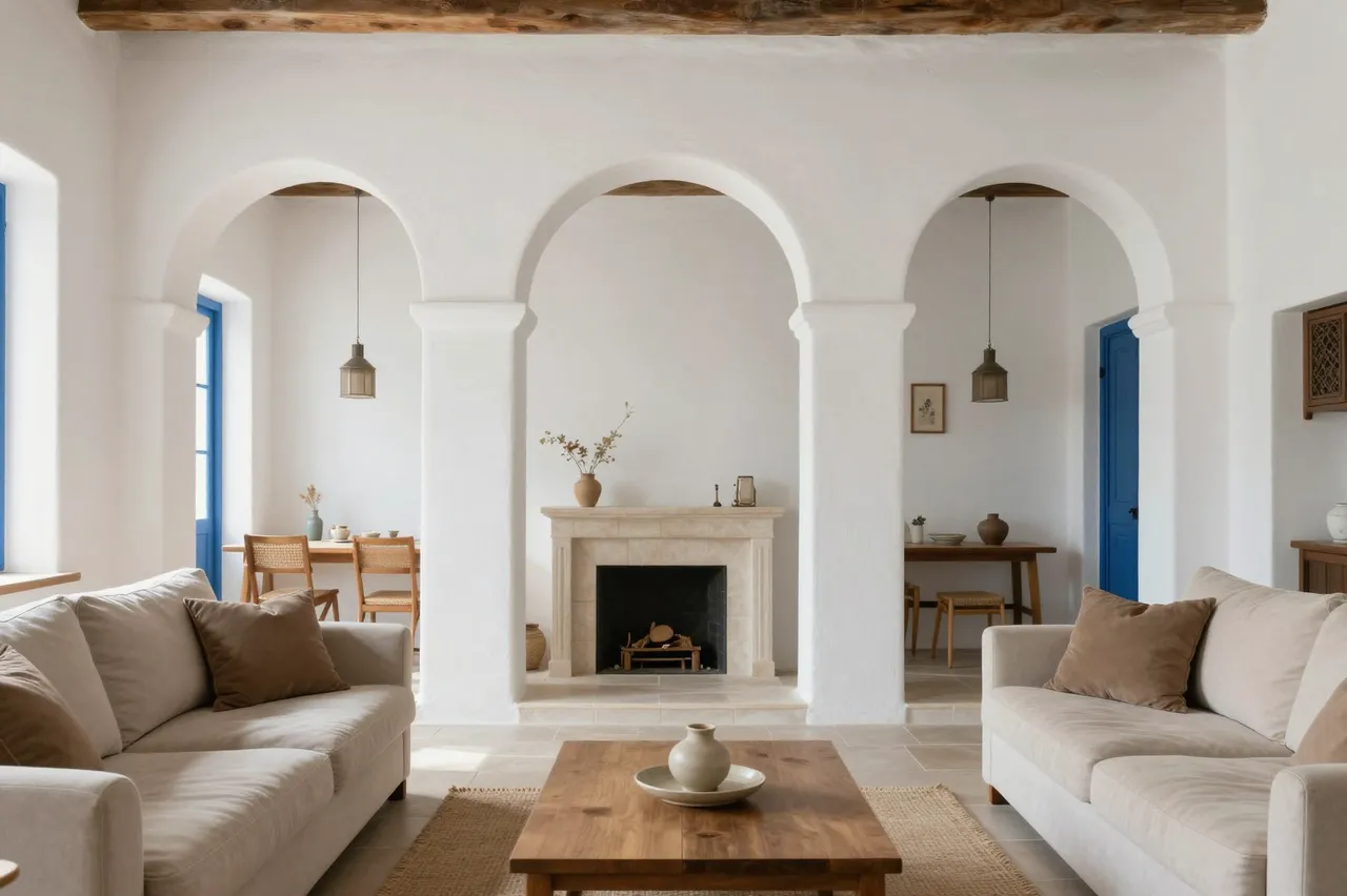 Bright mediterranean living room with white plaster walls, arched doorways and neutral furniture