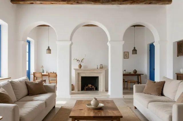 Bright mediterranean living room with white plaster walls, arched doorways and neutral furniture