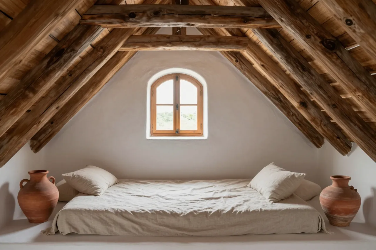 Bright attic room with rough wooden beams, an arched window, linen daybed and terracotta pots