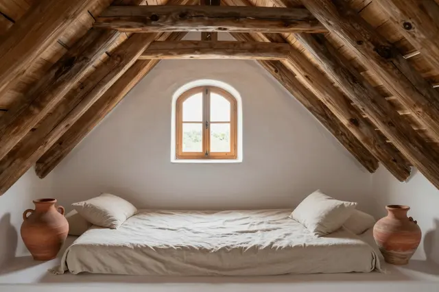 Bright attic room with rough wooden beams, an arched window, linen daybed and terracotta pots