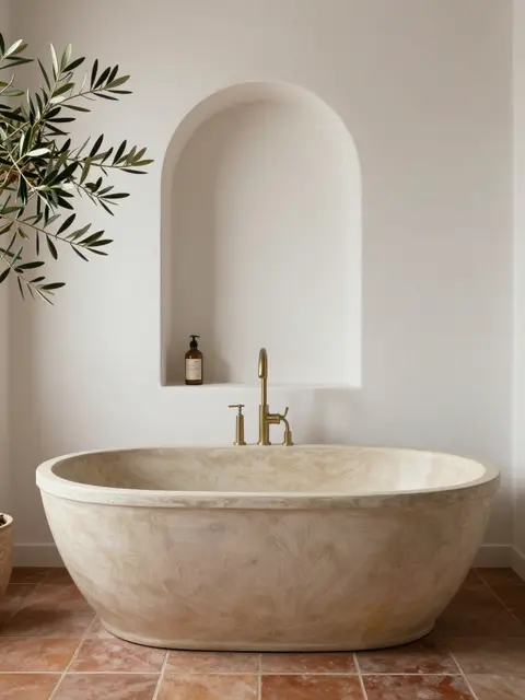 Freestanding tadelakt bathtub with gold fixtures sits below an arched wall niche next to an olive branch on terracotta tile