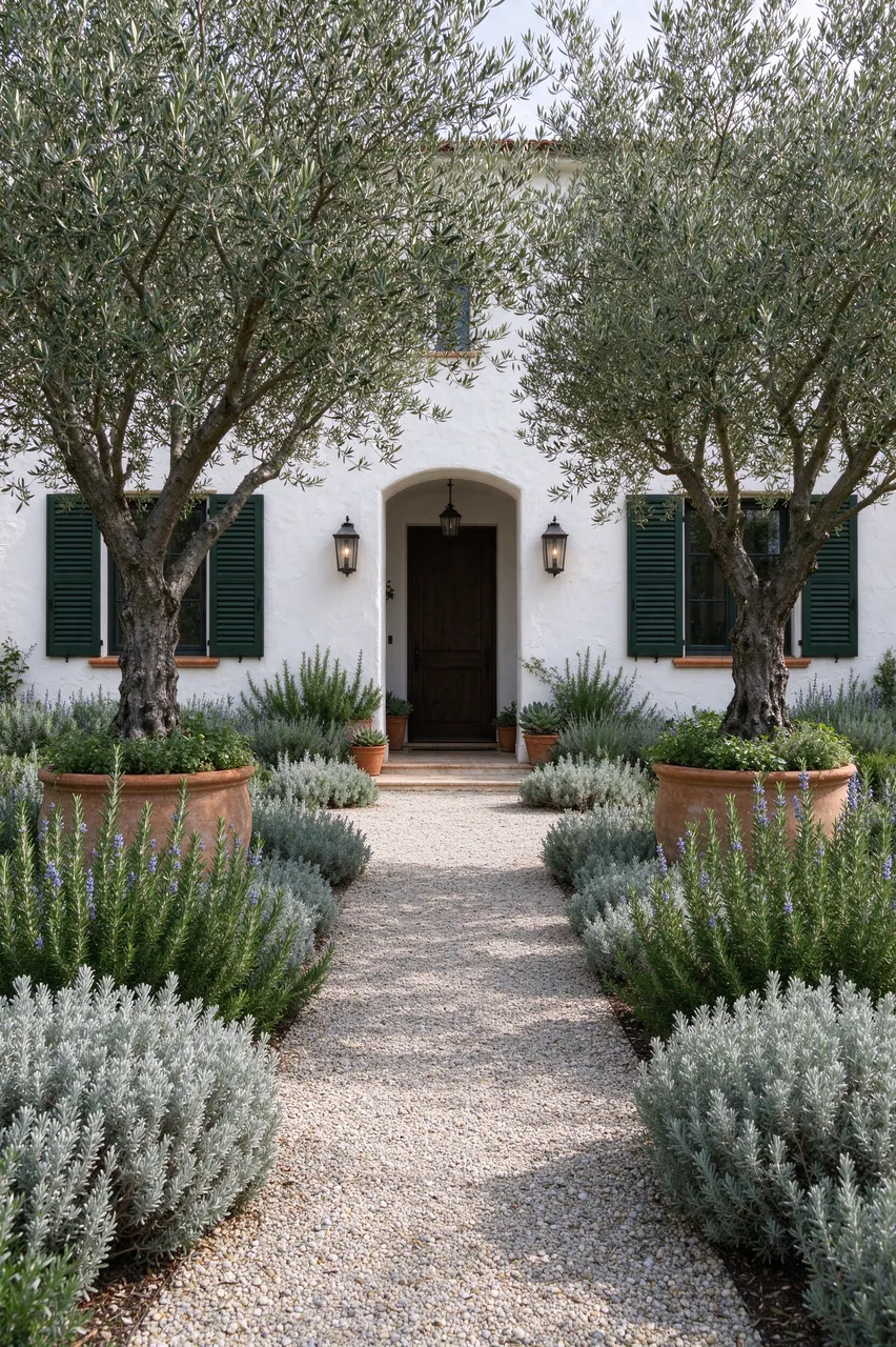 A gravel pathway leads to a white stucco house flanked by potted olive trees and aromatic landscaping plants