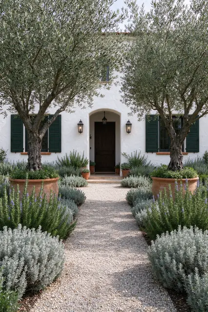 A gravel pathway leads to a white stucco house flanked by potted olive trees and aromatic landscaping plants