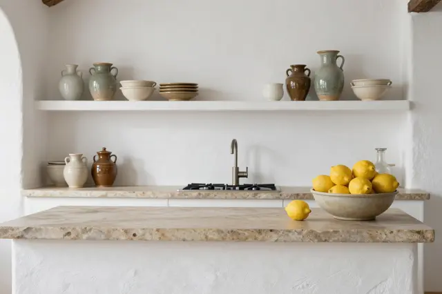 Bright minimalist Mediterranean kitchen with open shelves, stone countertop and a bowl of fresh lemons