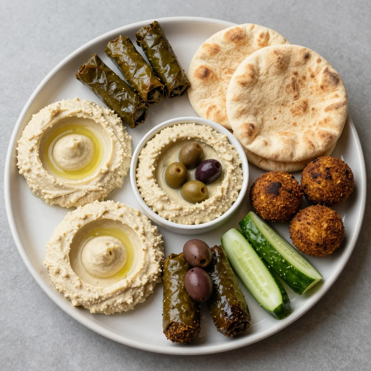 Overhead view of a round mezze platter with hummus, falafel, pita, dolmas, olives and cucumber on a gray surface