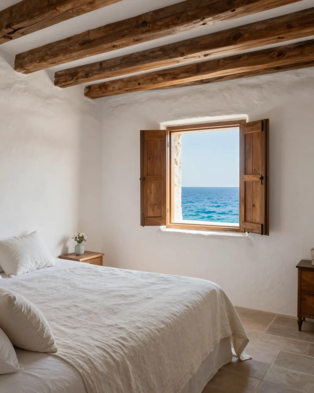 Bright coastal bedroom with white plaster walls, wooden beams, and an open window looking out to the blue sea