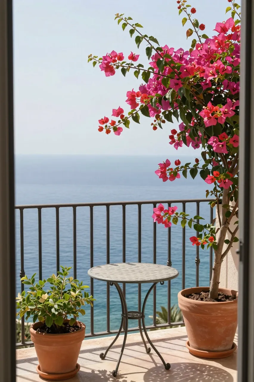 A small metal patio table sits between terracotta potted plants on a balcony overlooking a calm blue sea.