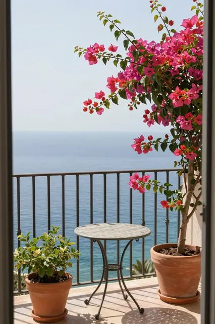 A small metal patio table sits between terracotta potted plants on a balcony overlooking a calm blue sea.