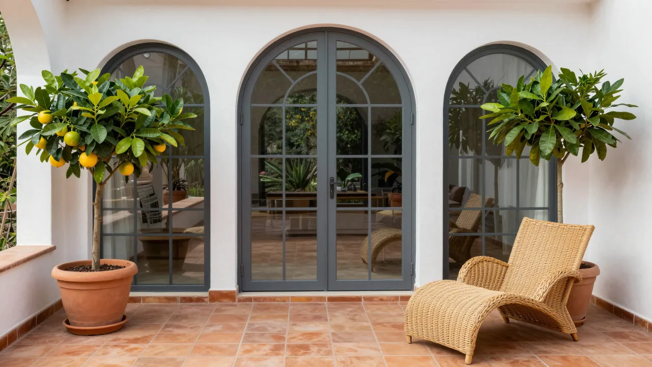 A tiled sunroom patio with arched glass doors, potted citrus trees, and a wicker lounge chair