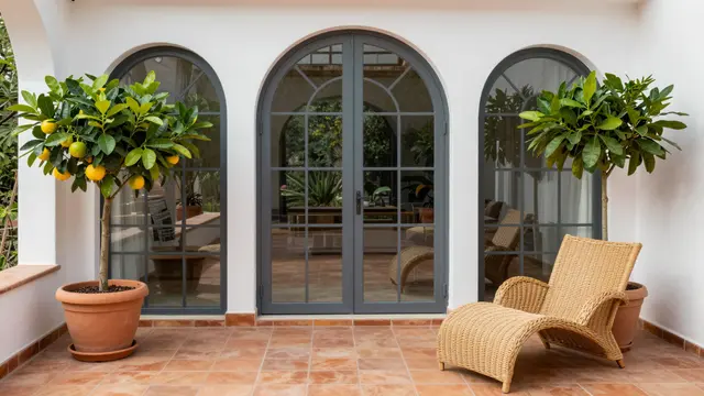 A tiled sunroom patio with arched glass doors, potted citrus trees, and a wicker lounge chair