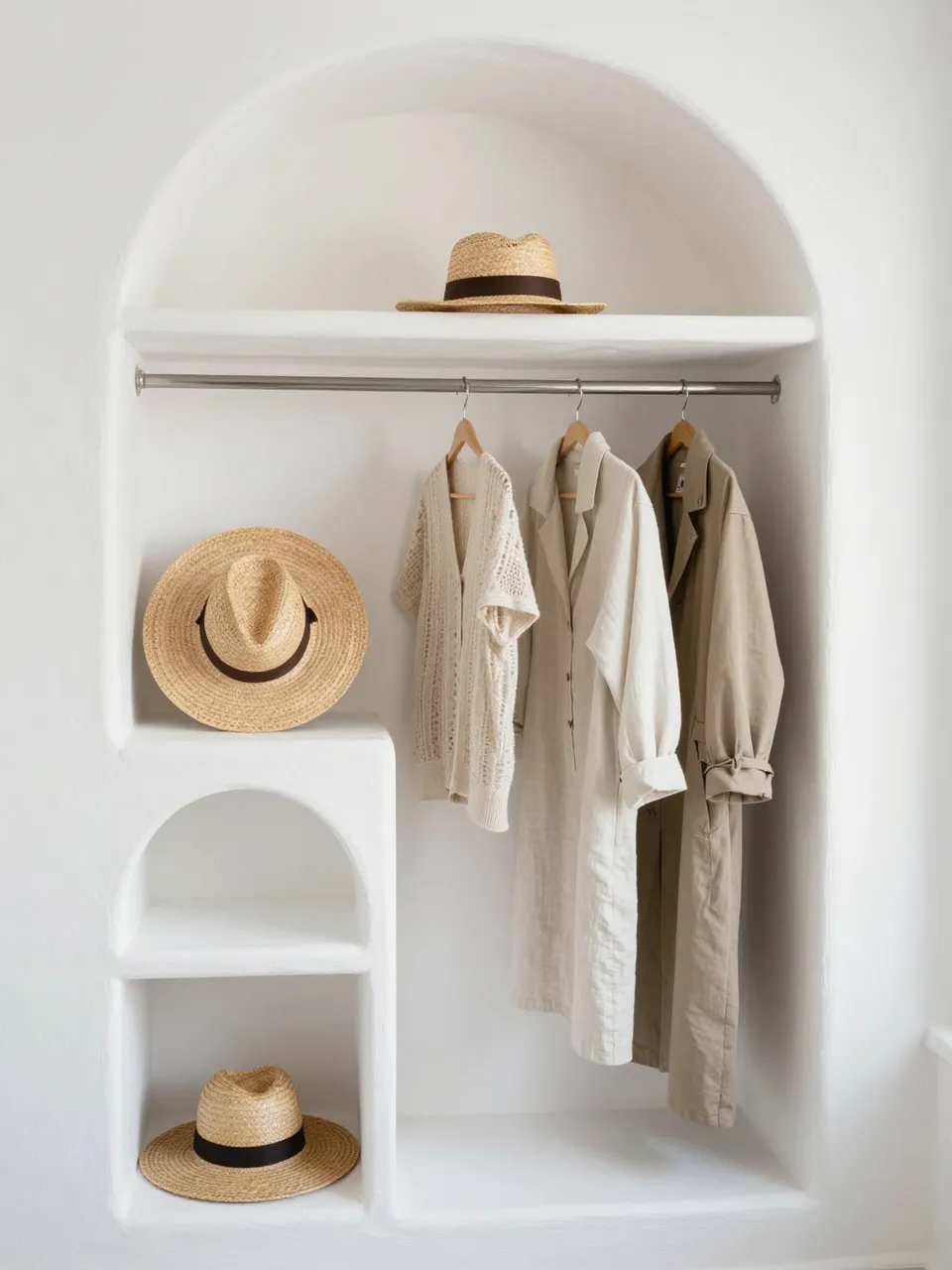 Arched whitewashed closet niche holds hanging linen garments and woven straw hats