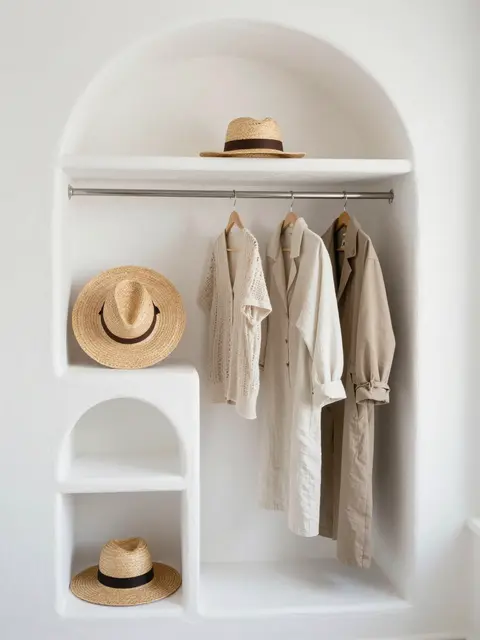 Arched whitewashed closet niche holds hanging linen garments and woven straw hats