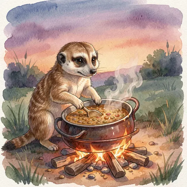 Watercolor illustration of a cute meerkat stirring lentil stew over a small campfire at sunset