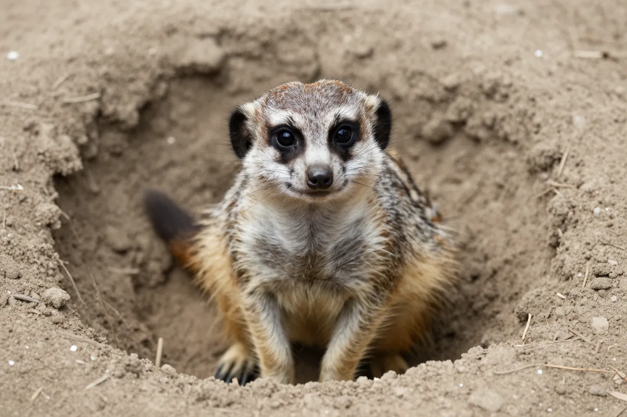 A meerkat looks directly at the camera while sitting inside a sandy burrow entrance.