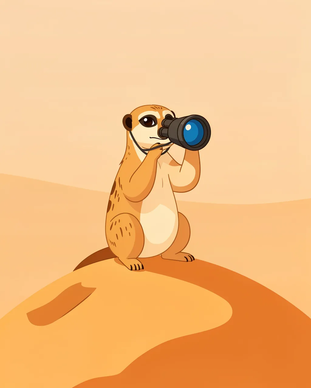 Cartoon meerkat stands on a sandy desert mound looking through binoculars