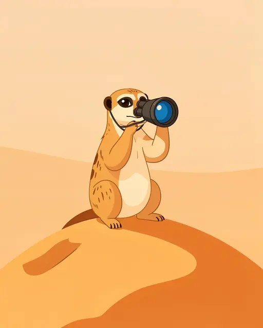 Cartoon meerkat stands on a sandy desert mound looking through binoculars