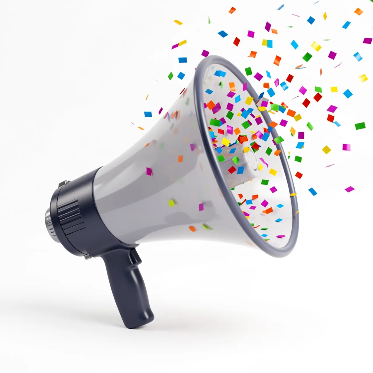 A 3D rendered megaphone releases bright multicolored confetti against a plain white background.
