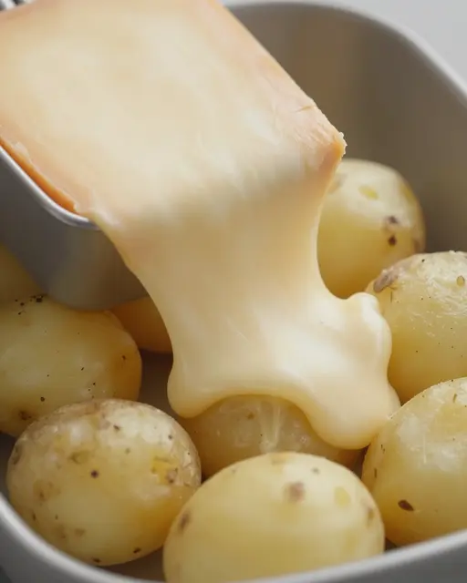 Creamy melted raclette cheese drips from a metal tray onto whole boiled potatoes