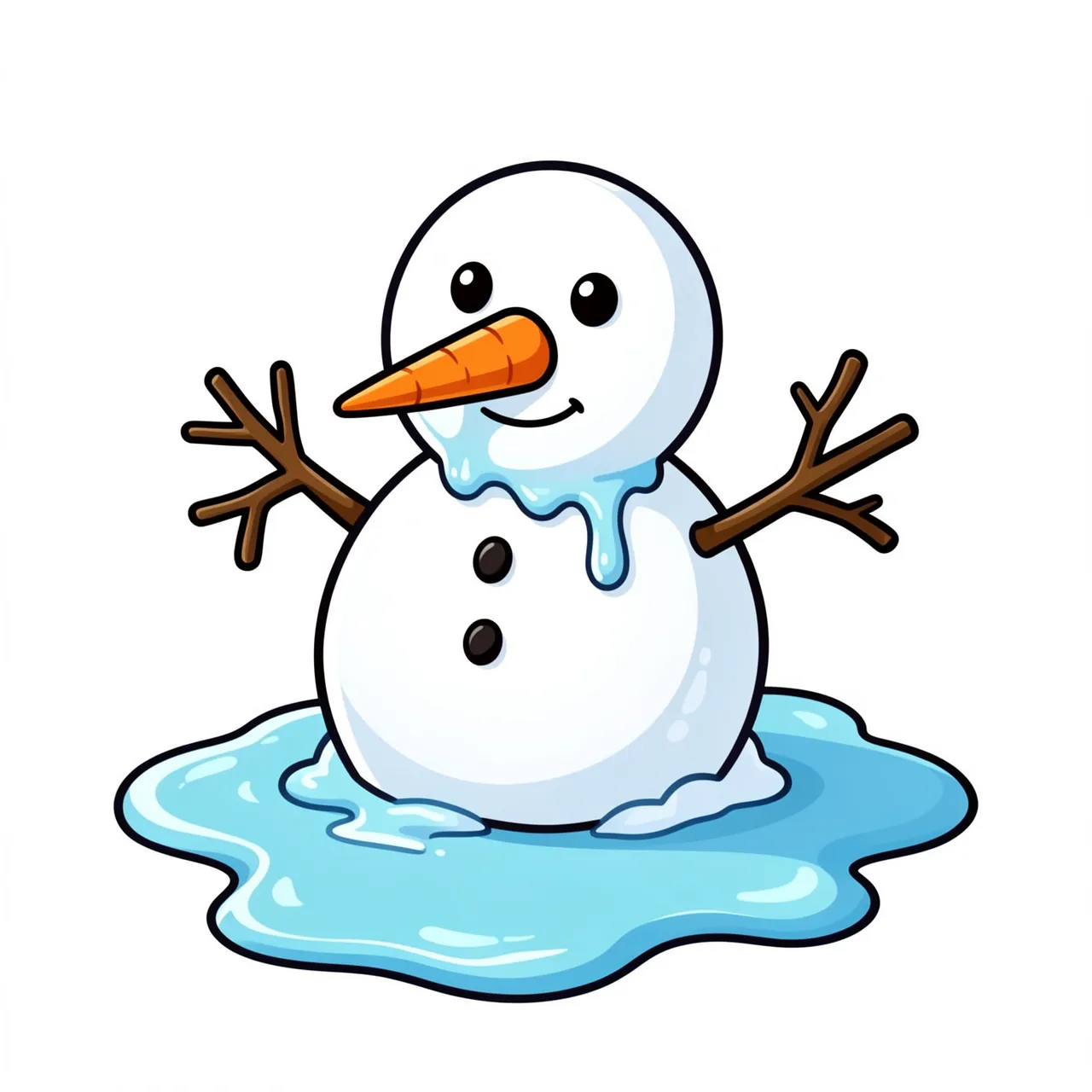 Cute cartoon melting snowman with a carrot nose and twig arms standing in a water puddle on a white background