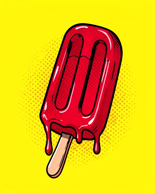 A red melting cherry popsicle with drips and halftone dots on a bright lemon yellow background