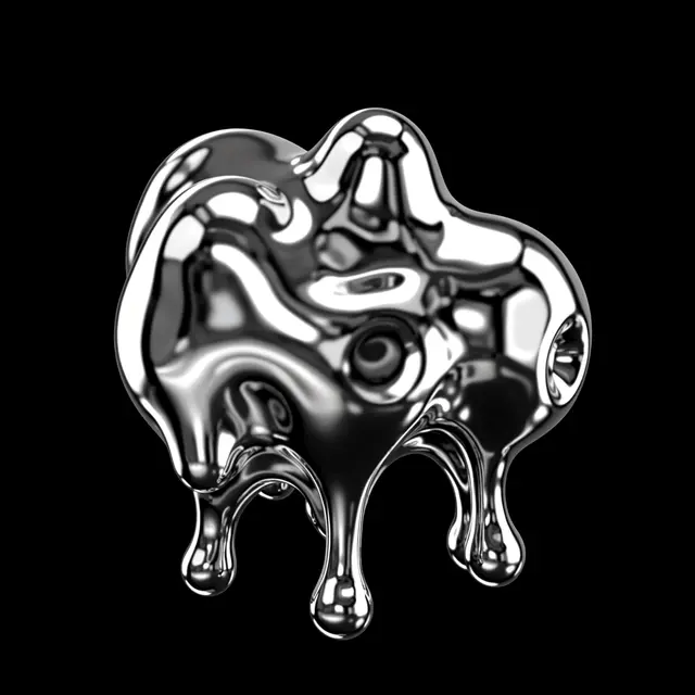 Glossy reflective chrome blob melting into drips against a solid black background