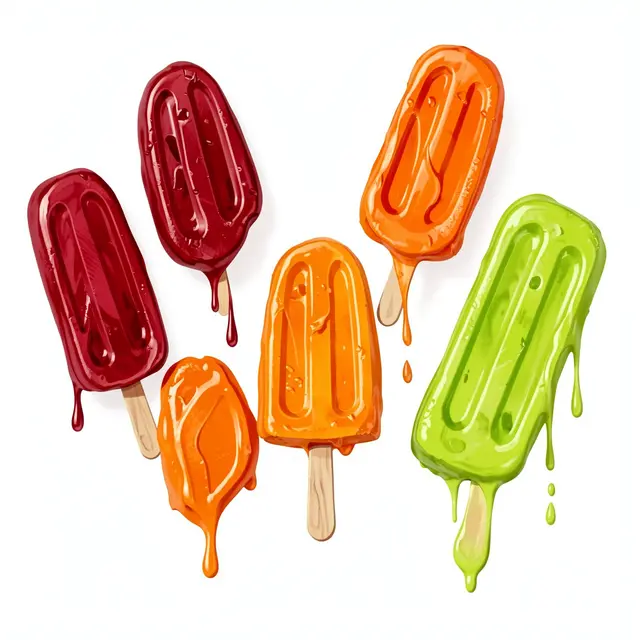 Hand-painted cherry red, orange, and lime green popsicles with melting drips arranged on a plain white background