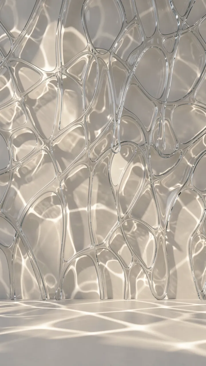 Vertical abstract melting glass structure casts soft glowing caustic light across a pale smooth floor