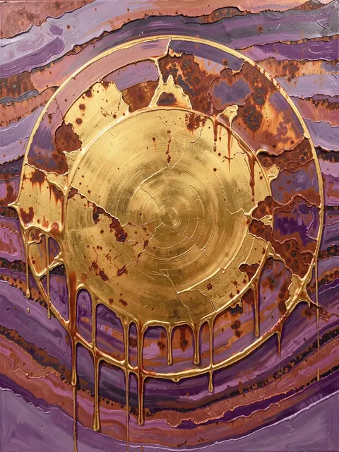 Textured abstract painting of a cracked golden sun disc dripping over layered violet and rust strata