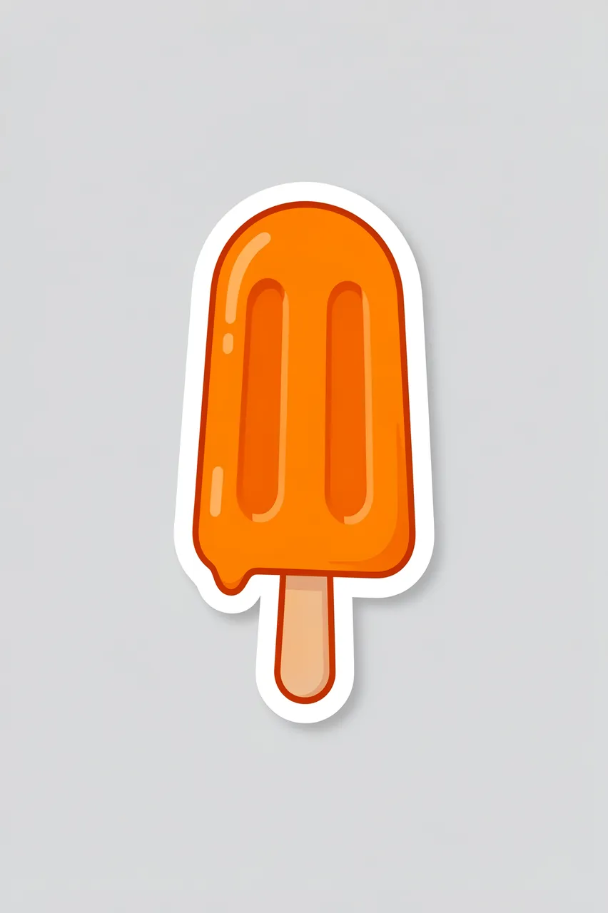 Die-cut sticker illustration of a melting orange popsicle with a white border on a light gray background