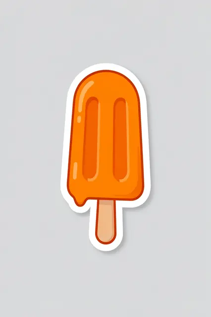 Die-cut sticker illustration of a melting orange popsicle with a white border on a light gray background
