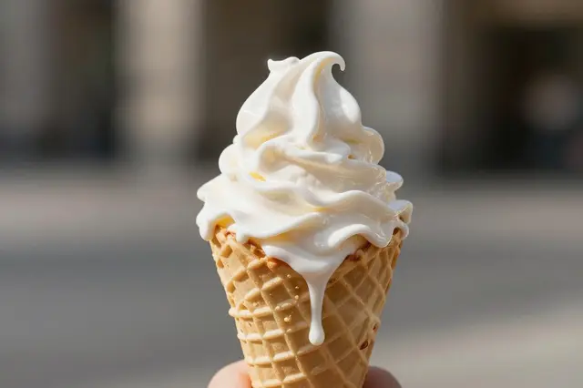 A hand holds a waffle cone topped with melting vanilla soft serve in bright summer sunlight