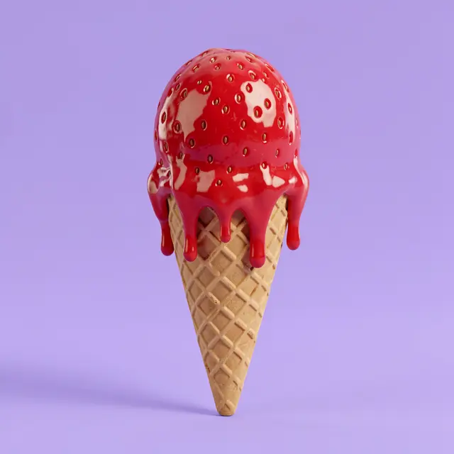 A stylized 3D waffle cone holding a dripping strawberry-textured ice cream scoop on a solid lilac background